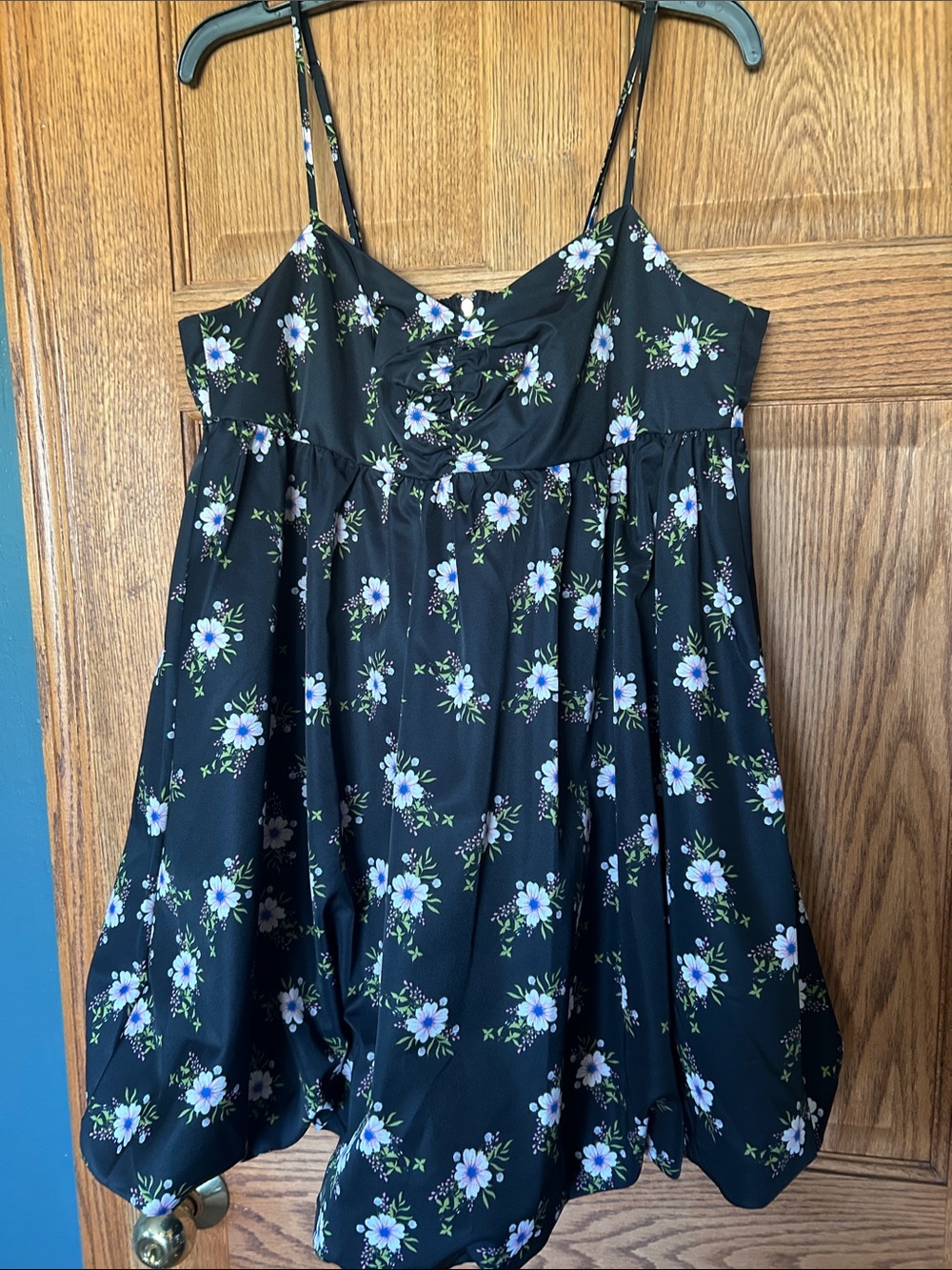 Free People Black Floral Mini Dress with Blue & White Flowers